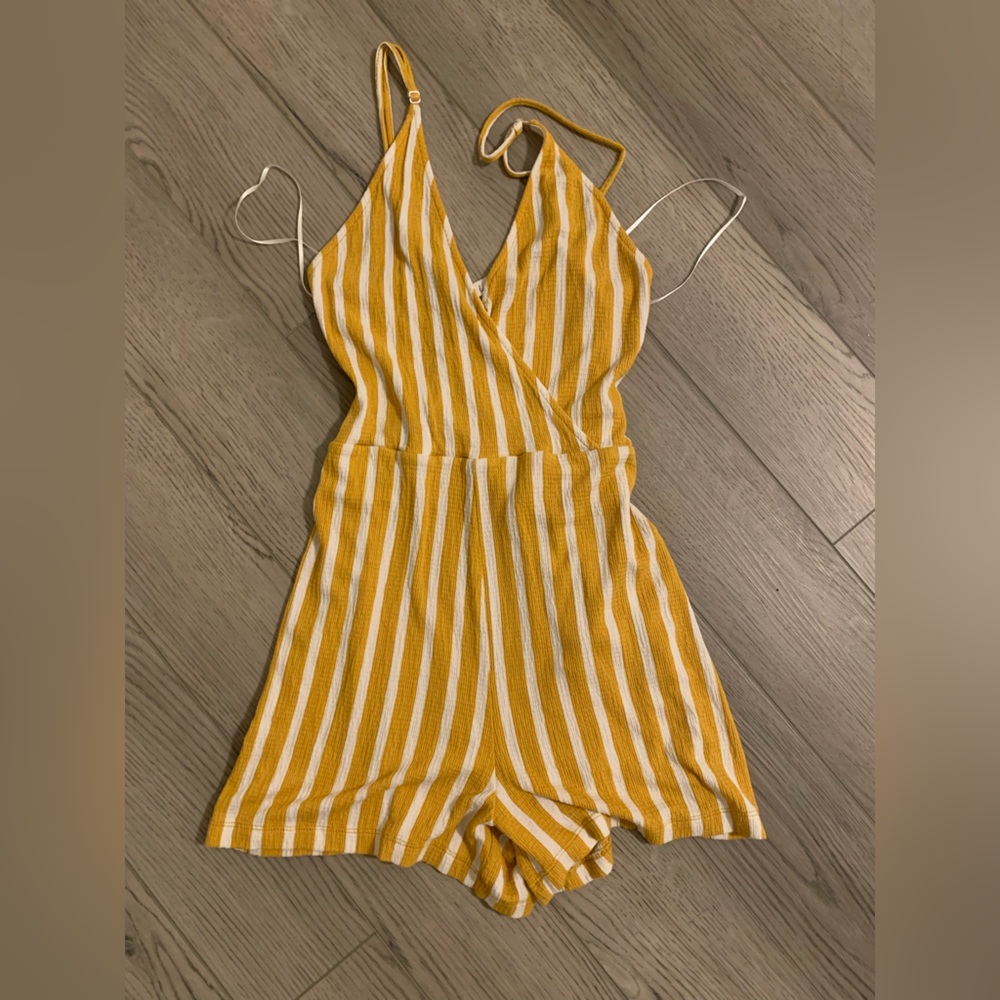 Small Love Tree Mustard Yellow and White front or back tie romper